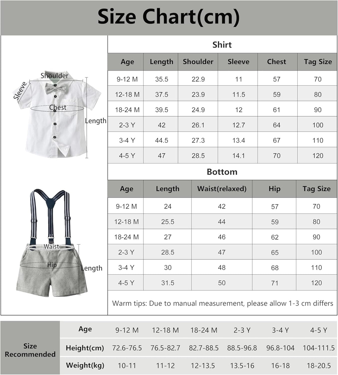 Volunboy Baby Jungen Anzug Set Bekleidung Hemd mit Fliege + Hosenträger Shorts Strampler Anzug 9-12