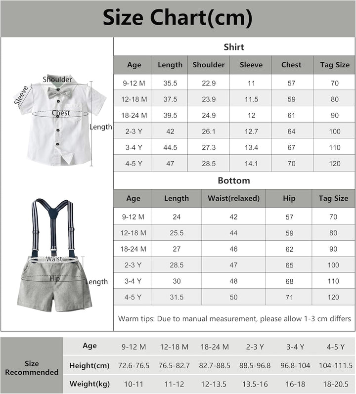 Volunboy Baby Jungen Anzug Set Bekleidung Hemd mit Fliege + Hosenträger Shorts Strampler Anzug 9-12