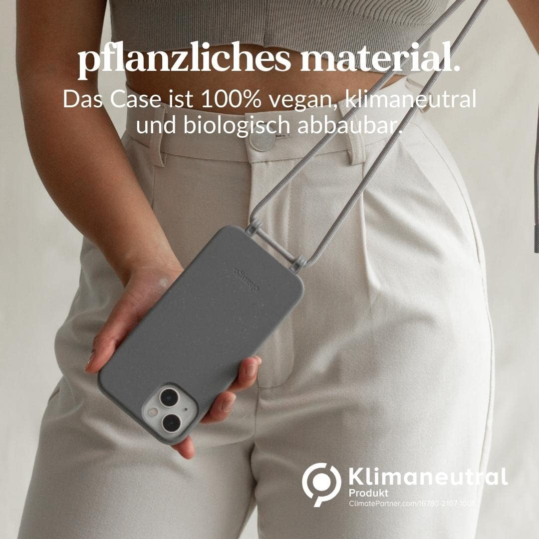 Woodcessories - Nachhaltige Handykette abnehmbar kompatibel mit iPhone 13 Mini Hülle mit Band grau -