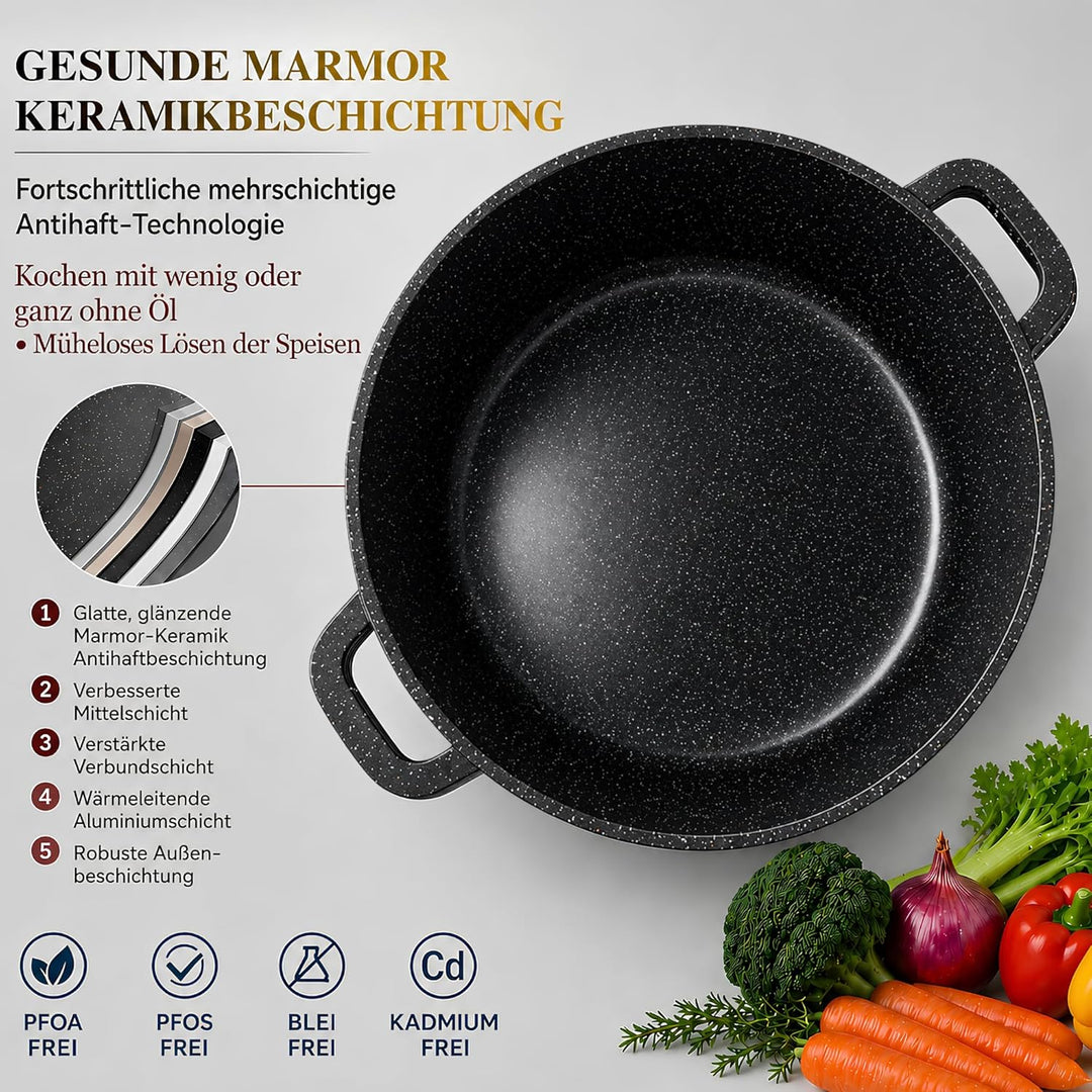 GOLDMANN 24 CM Aluguss-Kochtopf/Suppentopf (6.2L) mit Glasdeckel, Marmor-Keramik-Antihaftbeschichtun