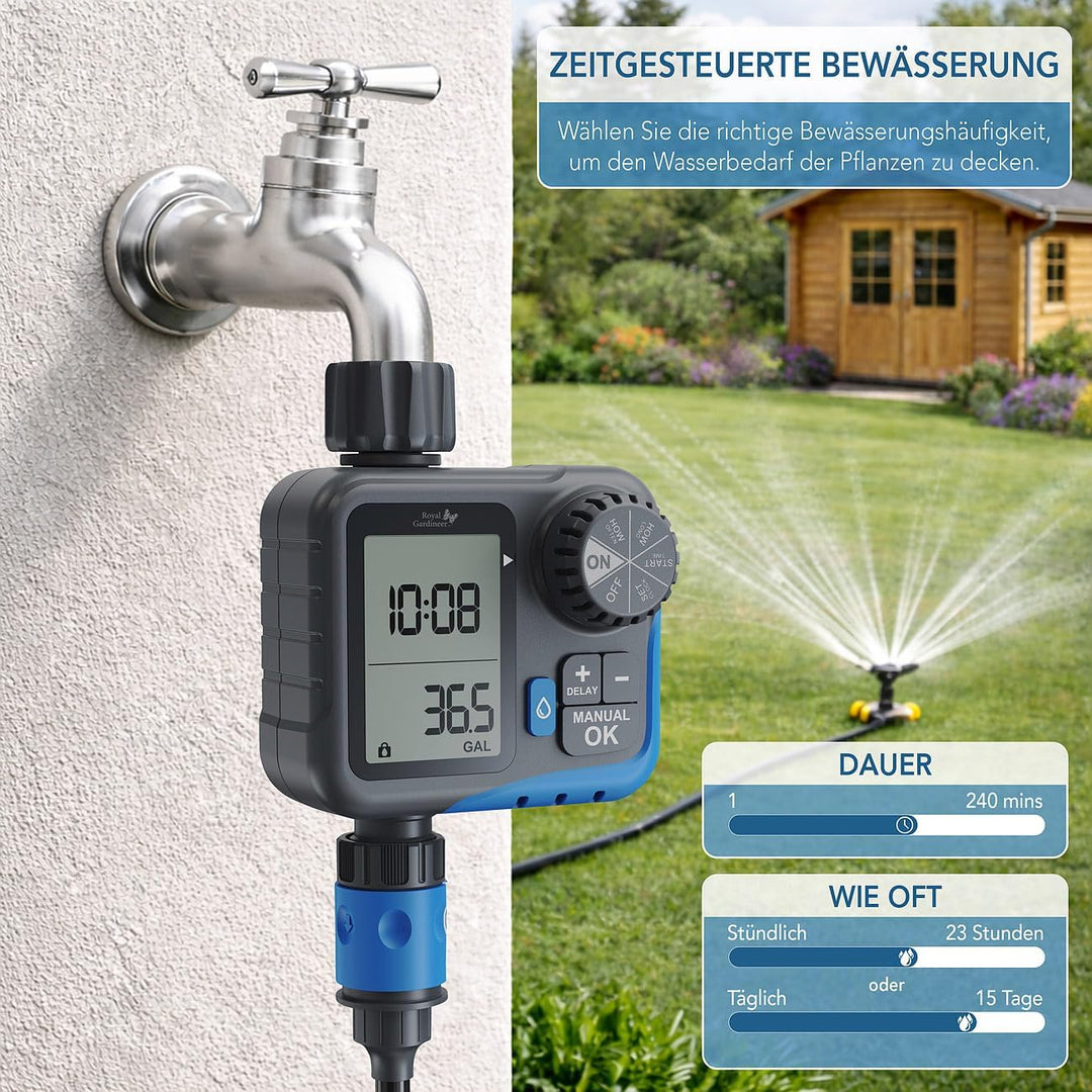 Royal Gardineer Garten Bewässerungsuhr: Digitaler 2in1-Bewässerungscomputer und -Wasserzähler, 3/4"-
