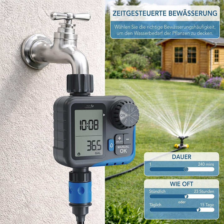 Royal Gardineer Garten Bewässerungsuhr: Digitaler 2in1-Bewässerungscomputer und -Wasserzähler, 3/4"-
