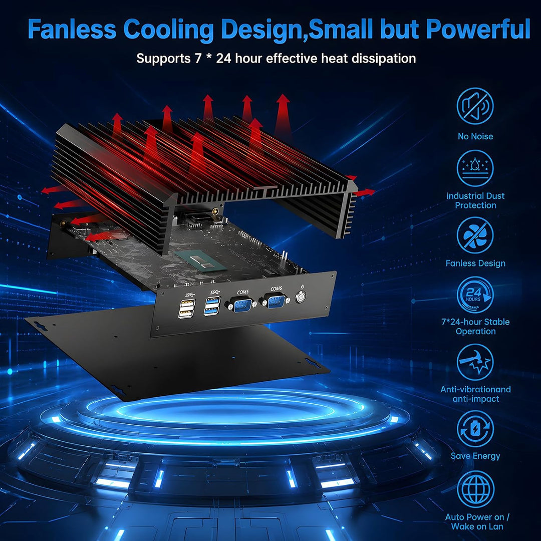 Industrie Mini PC, Desktop Lüfterloser Computer Core i7-5500U 2.4-3.0GHz, Windows 10 Pro, 16G RAM, 5