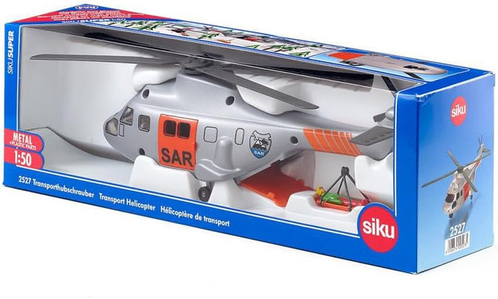 Siku 2527, SAR Transporthubschrauber, 1:50, Metall/Kunststoff, Inkl. Trage und zu rettende Spielzeug