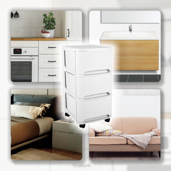 Schubladenschrank mit Rollen Rollcontainer mit 3 Schubladen Rollschrank Kunststoff Rollwagen (Weiss)