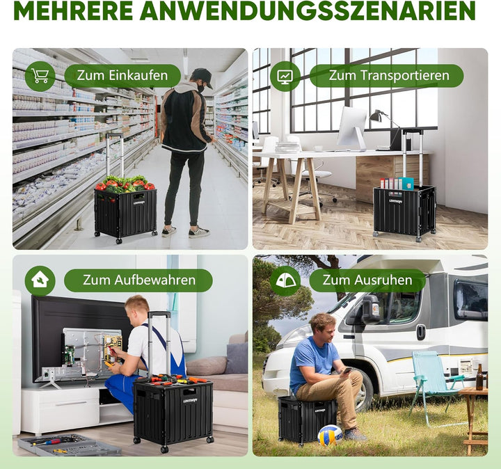 LDHTHOPI Einkaufstrolley klappbar 65L,MAX 50KG Trolley mit Teleskopgriff,4 Zerlegbaren Drehbaren Räd