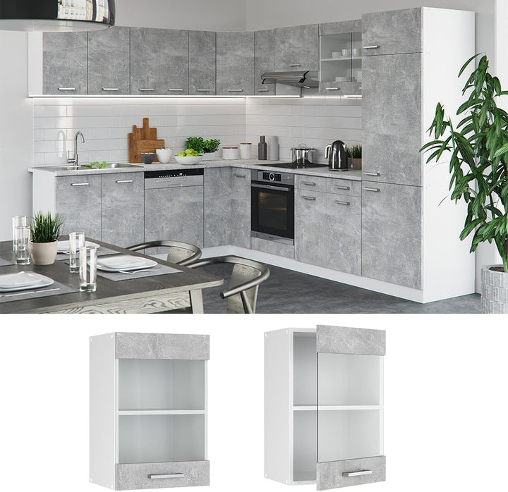 Vicco Küchenschrank Glas R-Line, Beton/Weiss, 40 cm Beton Hängeglasschrank 40cm, Beton Hängeglasschr