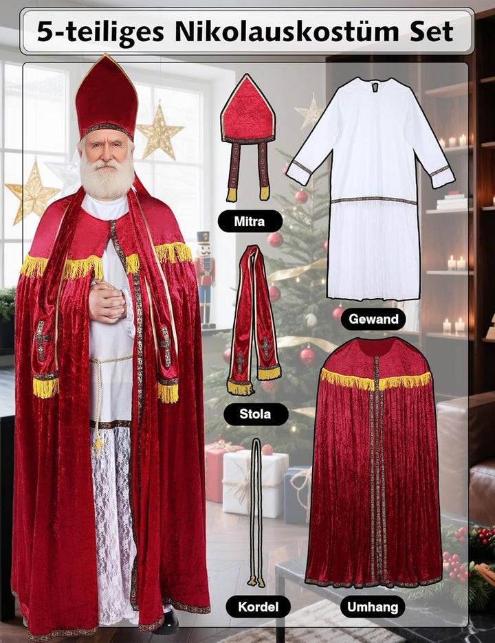 Ahititi Nikolaus Kostüm Herren Weihnachtsmann Bischof Kostüm Premium Set mit Zubehör Nikolauskostüm