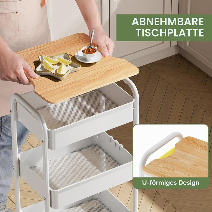 3-Tier Rollwagen mit Tischplatte, Servierwagen, rollender Allzweckwagen aus Metall, Regal auf Rädern