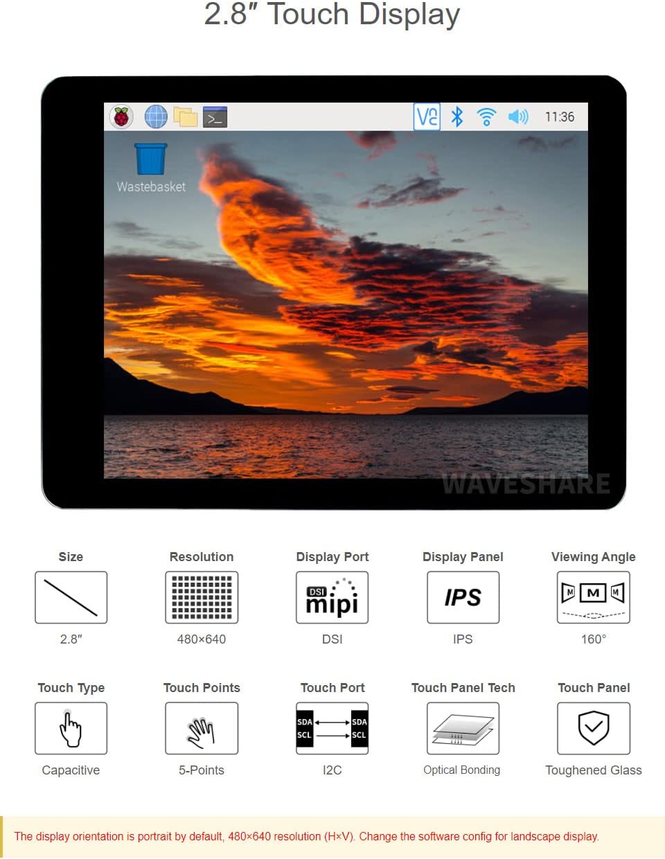 Waveshare 2.8inch Capacitive Touch Display for Raspberry Pi 4B/3B+/3A+ 480×640 Hardware Resolution D