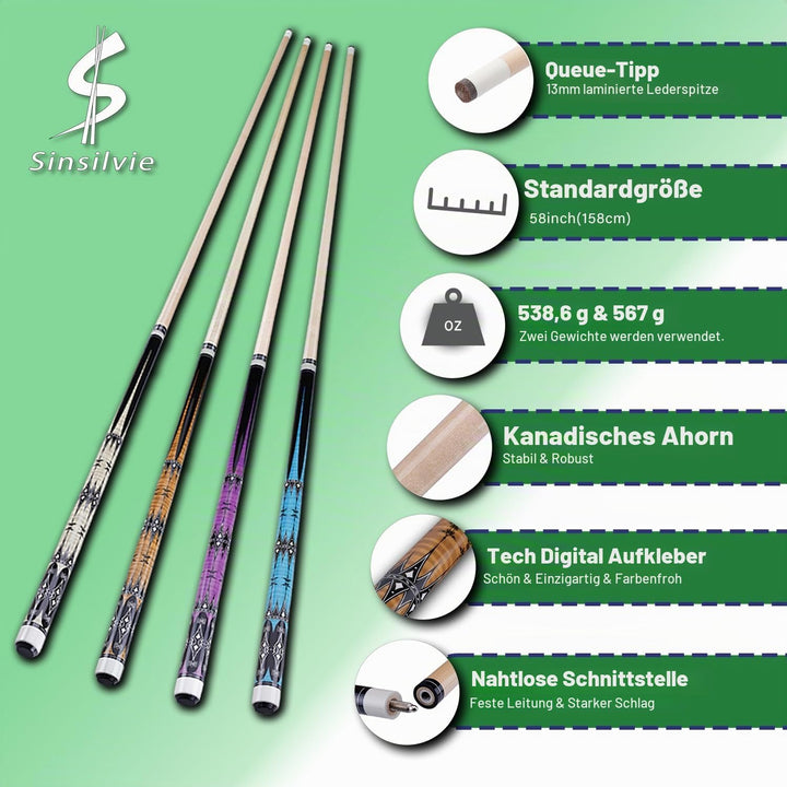 58" Pool Billard Queue with 13mm Tip,19 20 oz Billiard Cue,Schwarz oder Weiss，1/2 Maple Queue Sticks