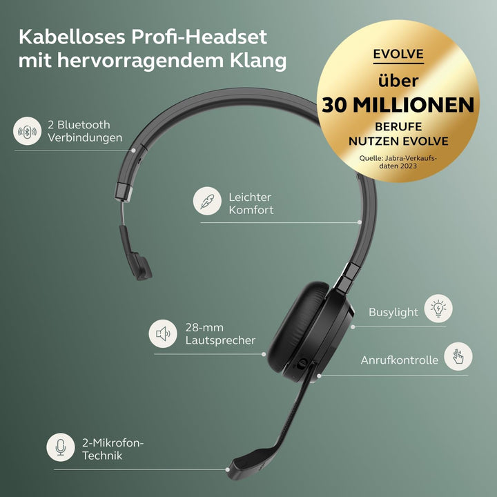 Jabra Evolve 65 TE (3. Ausgabe 2025) Kabelloses Bluetooth-Mono-Headset mit Geräuschunterdrückungs-Mi