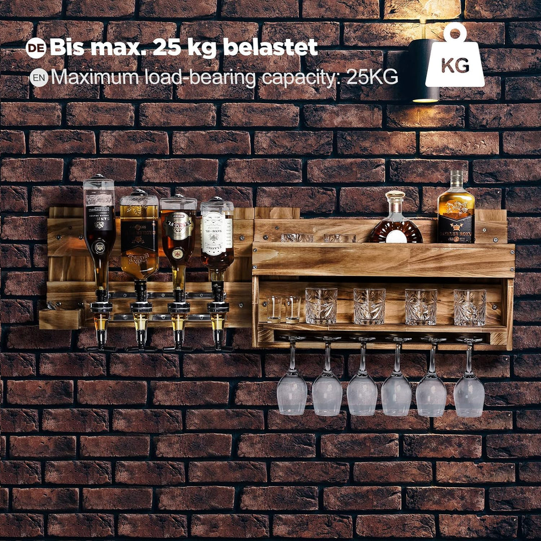 Yorbay Weinregal Palette beflammt Holz, Wandbar mit 4 Getränkespender Wand Flaschenhalter Flaschenha