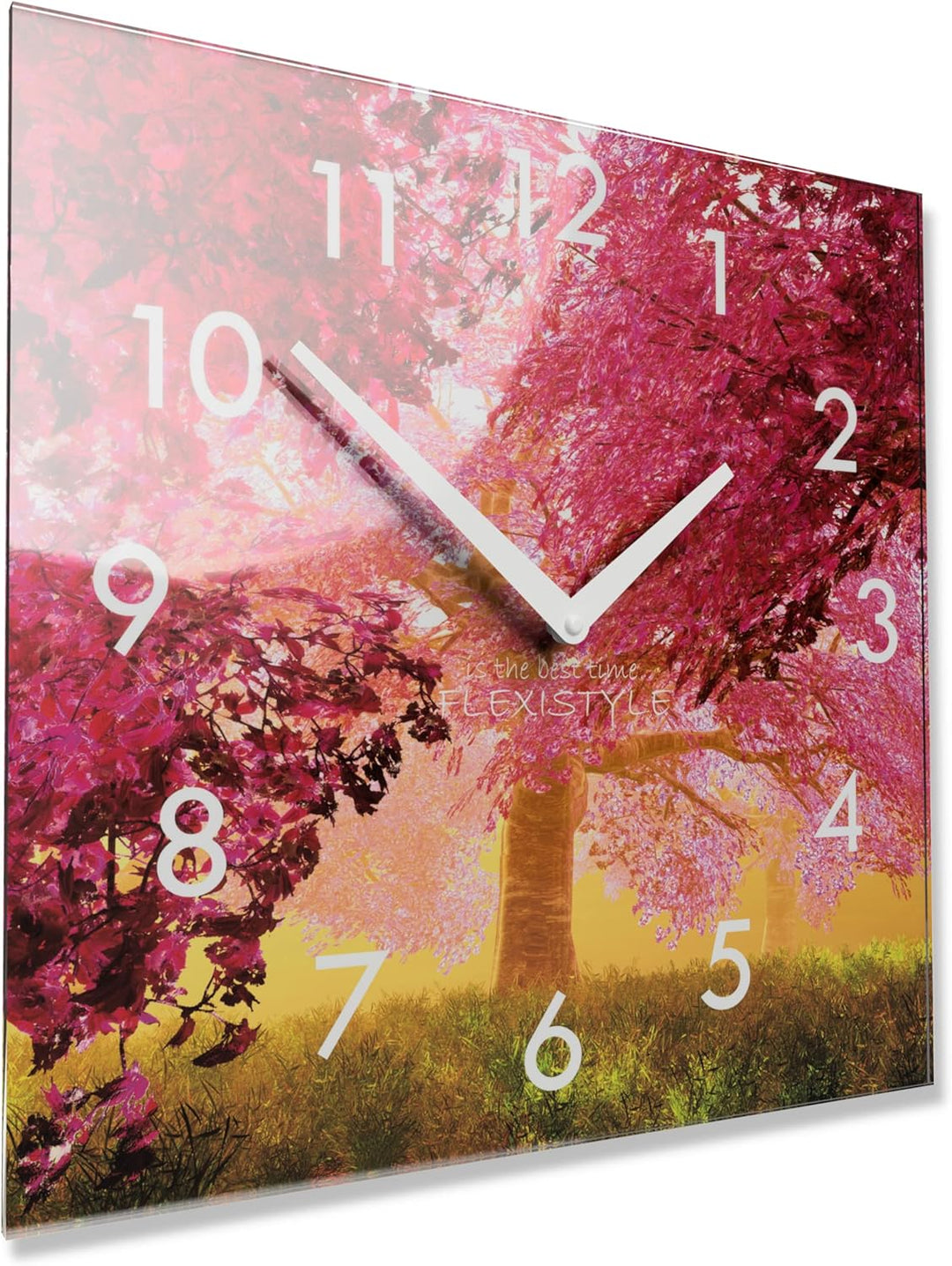 FLEXISTYLE Wanduhr küche Wohnzimmer 30 x 30 cm, aus Glas, mit Direktdruck eckig modern (BLÜHENDER Ba
