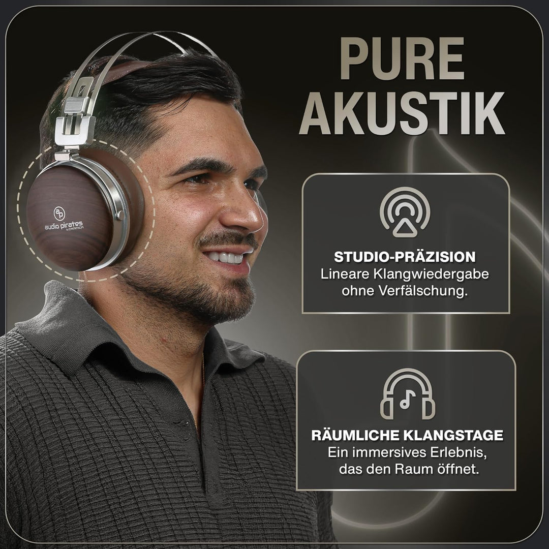 audio pirates Over-Ear Kopfhörer, Echtholz Kopfhörer, Top HiFi Sound, Kopfhörer mit Case, 3 m Kabel