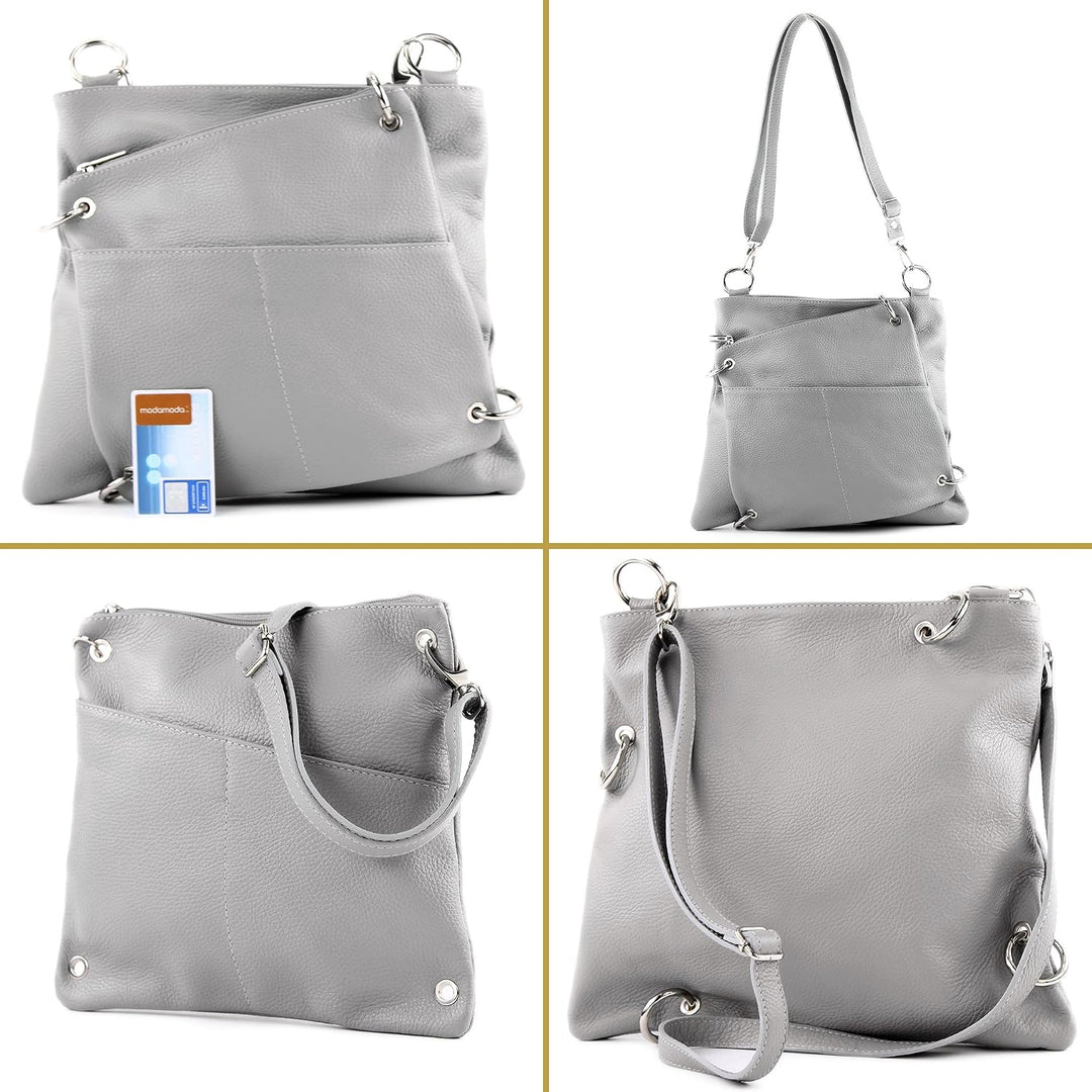 modamoda de - T140 - ital Messengertasche Umhängetasche 2in1 Leder Weiss/Camel, Weiss/Camel