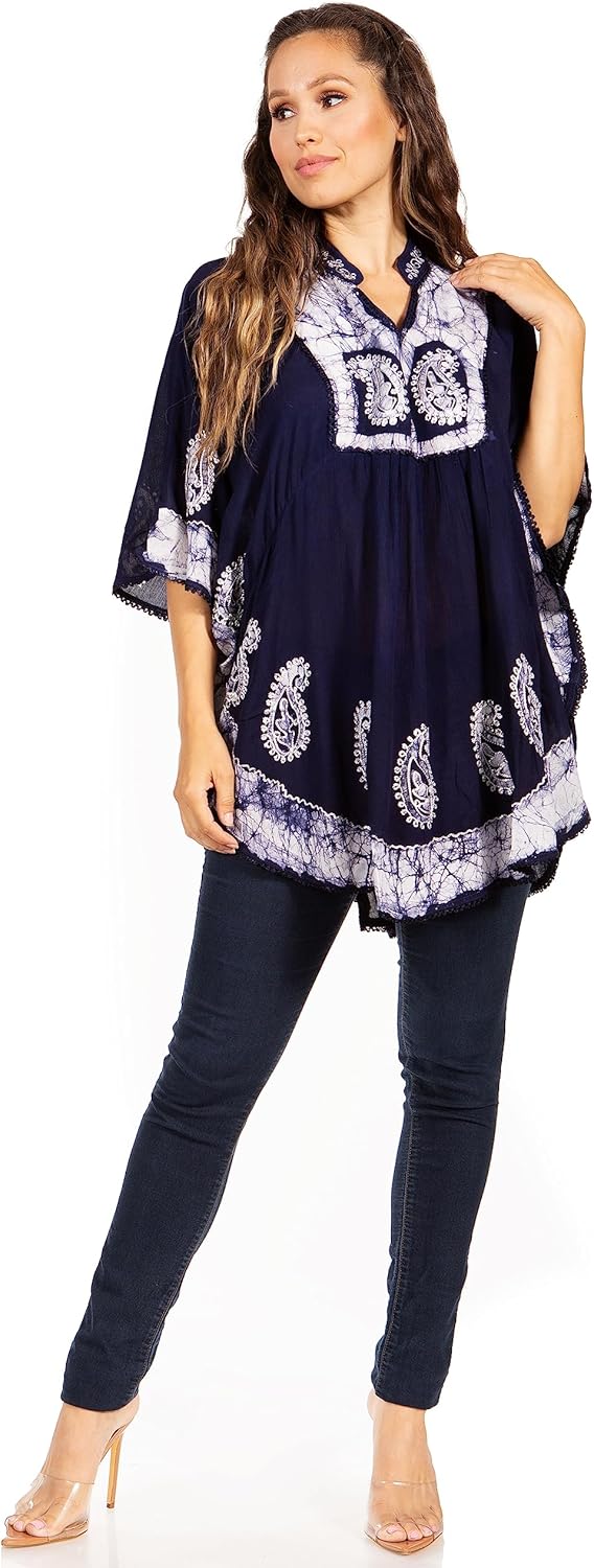 Sakkas Amori V-Ausschnitt Stickerei Poncho Top/vertuschen Einheitsgrösse Marine / Weiss, Einheitsgrö