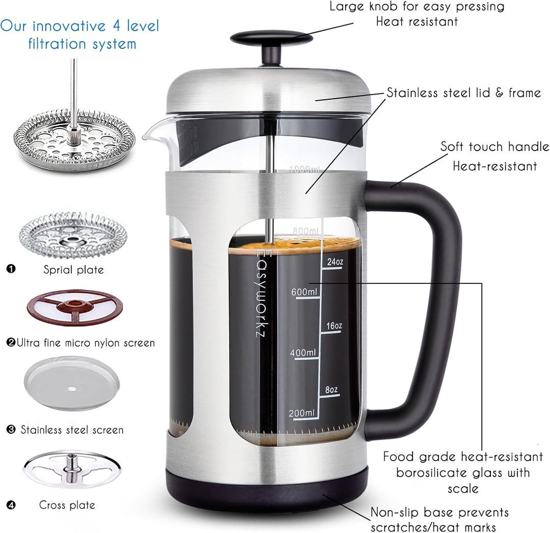 Easyworkz French Press Kaffeebereiter Kaffeepresse aus Edelstahl mit Borosilikatglas,rutschfester we