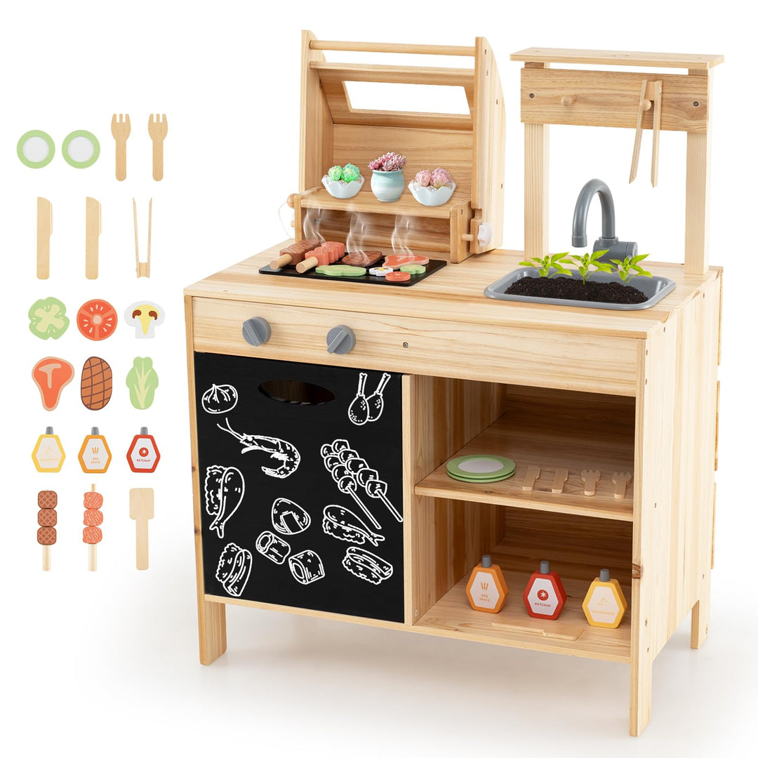 DREAMADE Matschküche Kinder Outdoor, Outdoorküche mit BBQ-Grill & Waschbecken & Tafel, Outdoor Küche