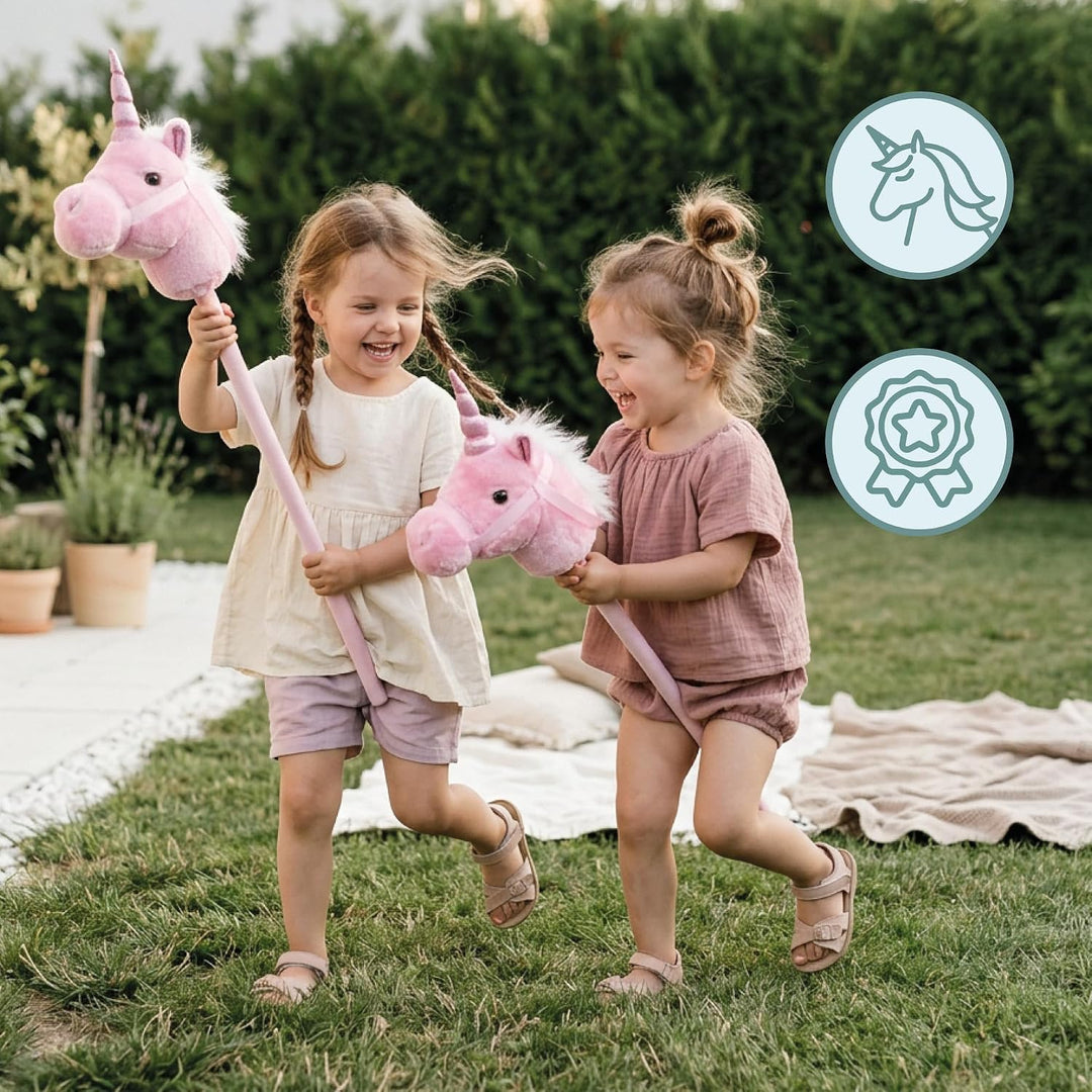 mamabrum Hobby Horse Einhorn Rosa Steckenpferd Kinder 80 cm | Magisches Einhorn mit Glitzerhorn, wei