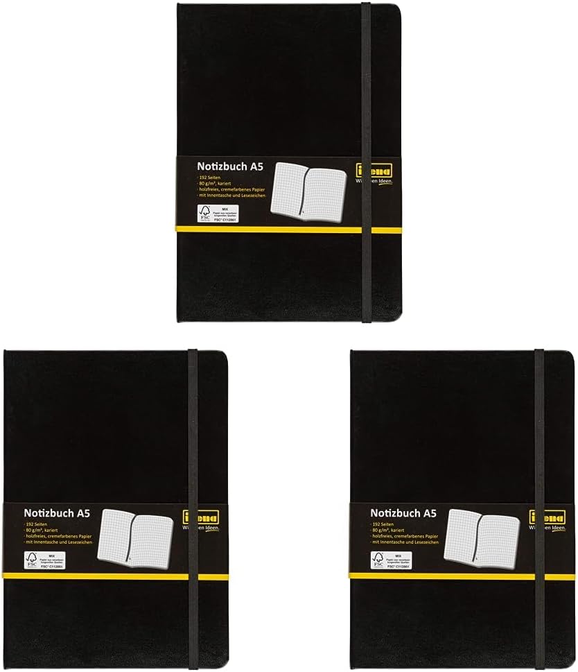 Idena 209281 - Notizbuch DIN A5, kariert, Papier cremefarben, 192 Seiten, 80 g/m², Hardcover in schw