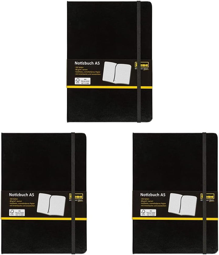 Idena 209281 - Notizbuch DIN A5, kariert, Papier cremefarben, 192 Seiten, 80 g/m², Hardcover in schw