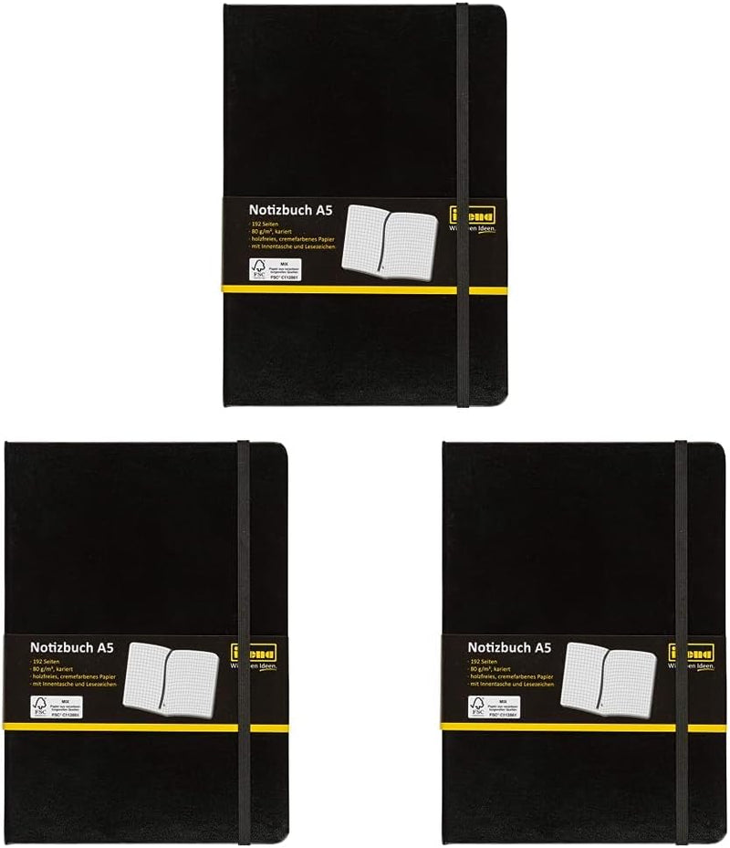 Idena 209281 - Notizbuch DIN A5, kariert, Papier cremefarben, 192 Seiten, 80 g/m², Hardcover in schw