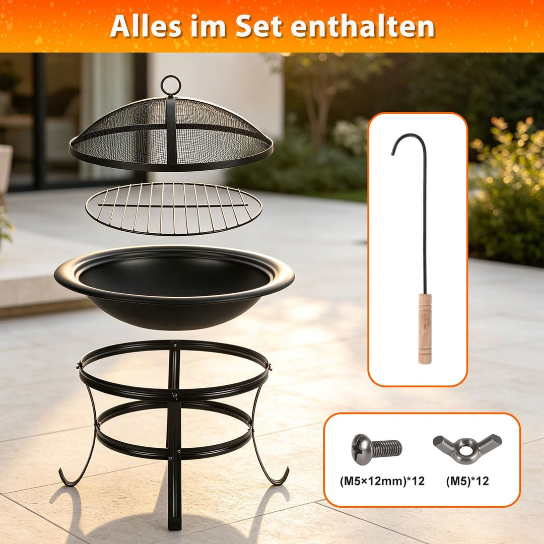Feuerschale mit Funkenschutz, Feuerschale mit Grillrost Ø 55 cm aus Eisen