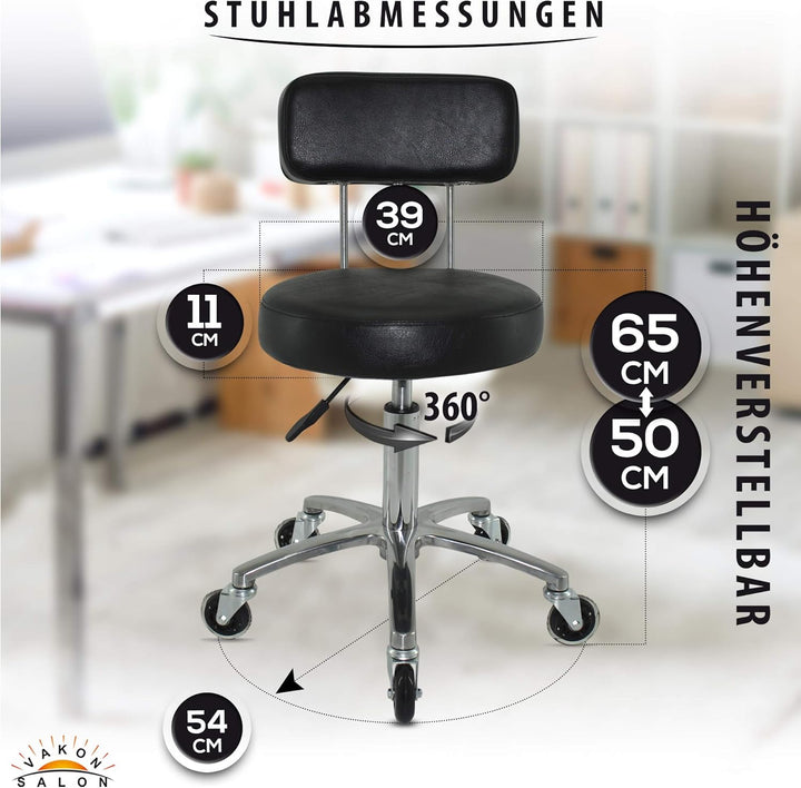 VAKON SALON - Premium Rollhocker mit Lehne höhenverstellbar von 50 bis 65 cm - Rundsitz- Drehhocker