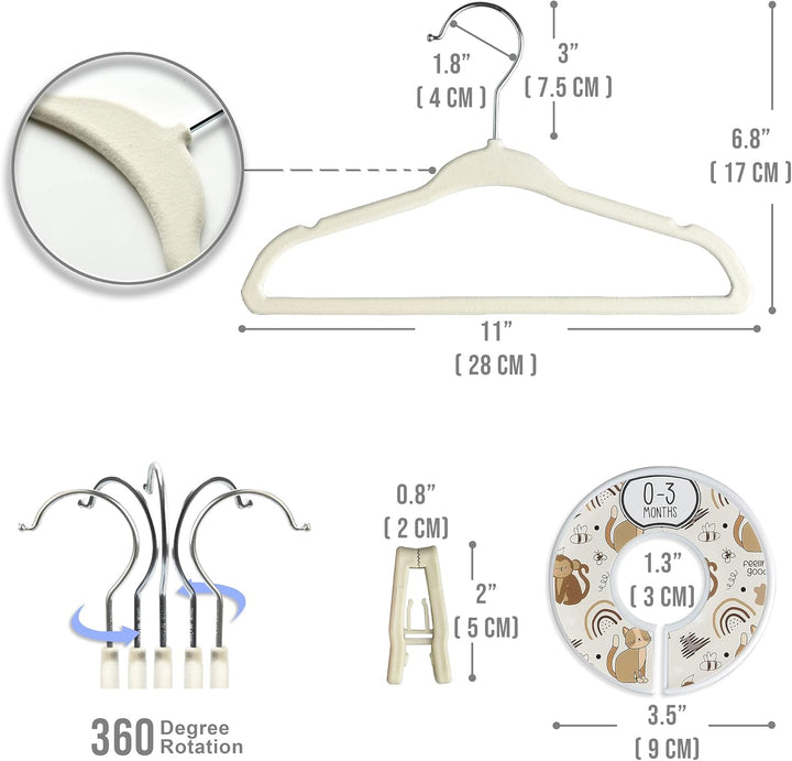 Unisex-Kinderzimmer-Schrank-Organizer-Set, 30 x Samt-Kleiderbügel für Babykleidung mit 8 Trennwänden