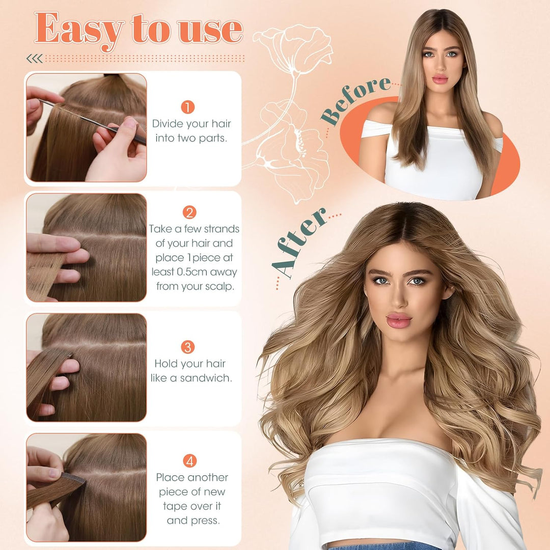 Benehair Tape in Extensions Echthaar, Invisible Tape Extensions Echt Haar, 50CM Haarverlängerung Ech