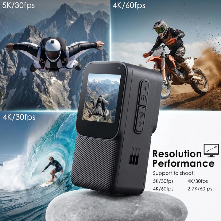 ydi wasserdichte Action Cam 5K/30 FPS, EIS Daumen Unterwasser Actionkamera 30M mit 1,3-Zoll Touchscr