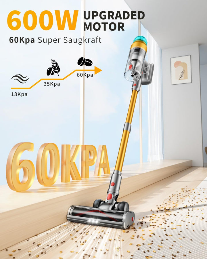 60KPa/600W Akku Staubsauger Kabellos 75Mins Laufzeit, Wandmontierte Ladestation, Akkustaubsauger Cor