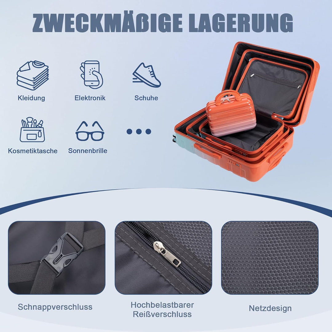 Hartschalen-Koffer Trolley Handgepäck Rollkoffer, Reisekoffer Set mit 4 Rollen, 4er Gepäckset, Blau