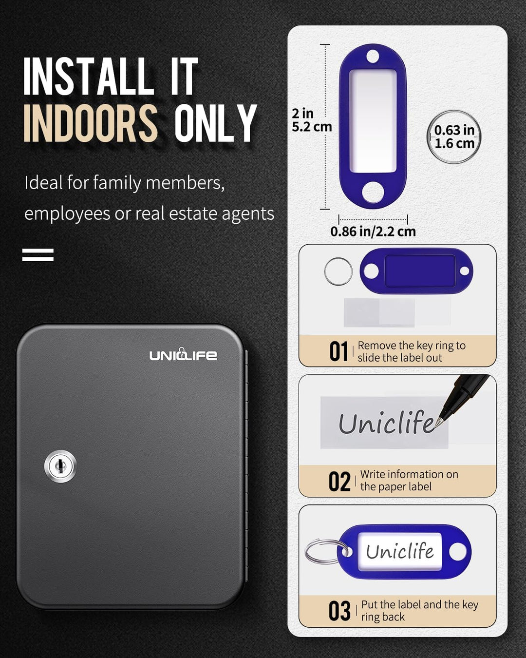 Uniclife Schlüsselschrank mit 20 Positionen, mit Schlüsselschloss, Wandmontage, schwarz, Sicherheits