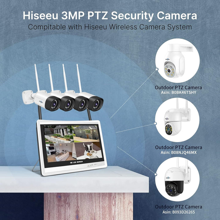 【5MP+3TB Festplatte】 Hiseeu Überwachungskamera Set Aussen WLAN mit 12''Monitor 10CH Wireless NVR,4 P