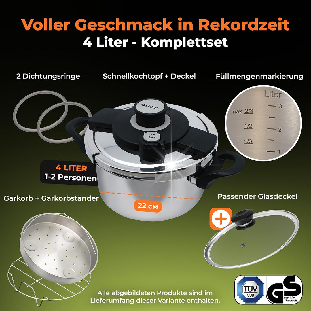 QUIXO Schnellkochtopf 4l VitaSmart inkl. Glasdeckel mit 𝐊𝐨𝐜𝐡𝐳𝐞𝐢𝐭𝐬𝐢𝐠𝐧𝐚𝐥 für alle Herdarten [diesen Mo