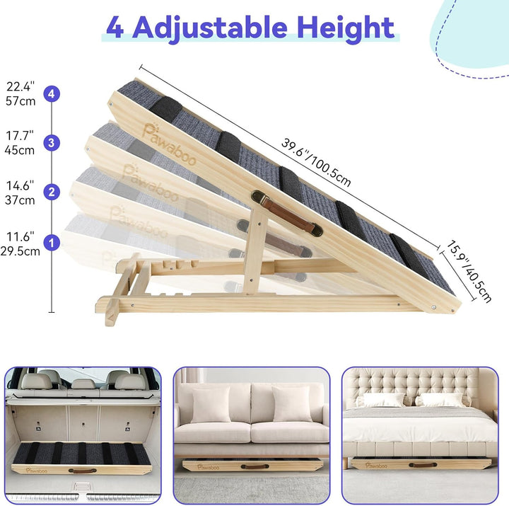 Pawaboo Hunderampe, Tragbare Haustiertreppe aus Holz, 4 Verstellbare Höhen 11.6" - 22.4", Haustierra