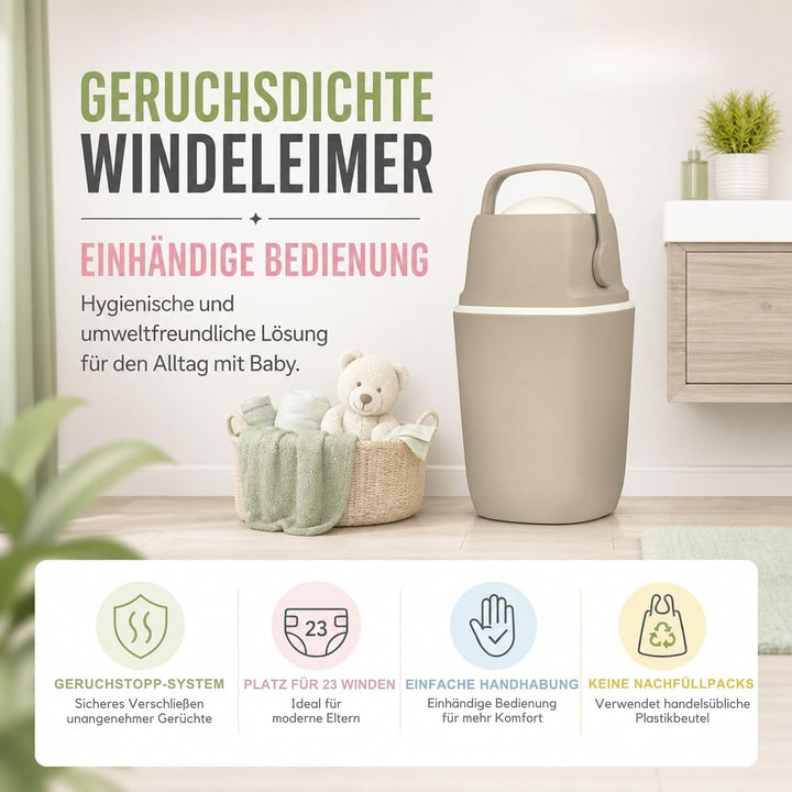 AirWell Windeleimer Geruchsdicht & Windel Blaubaer - Wickeleimer, mit Geruchsstopp-System, Einhändig
