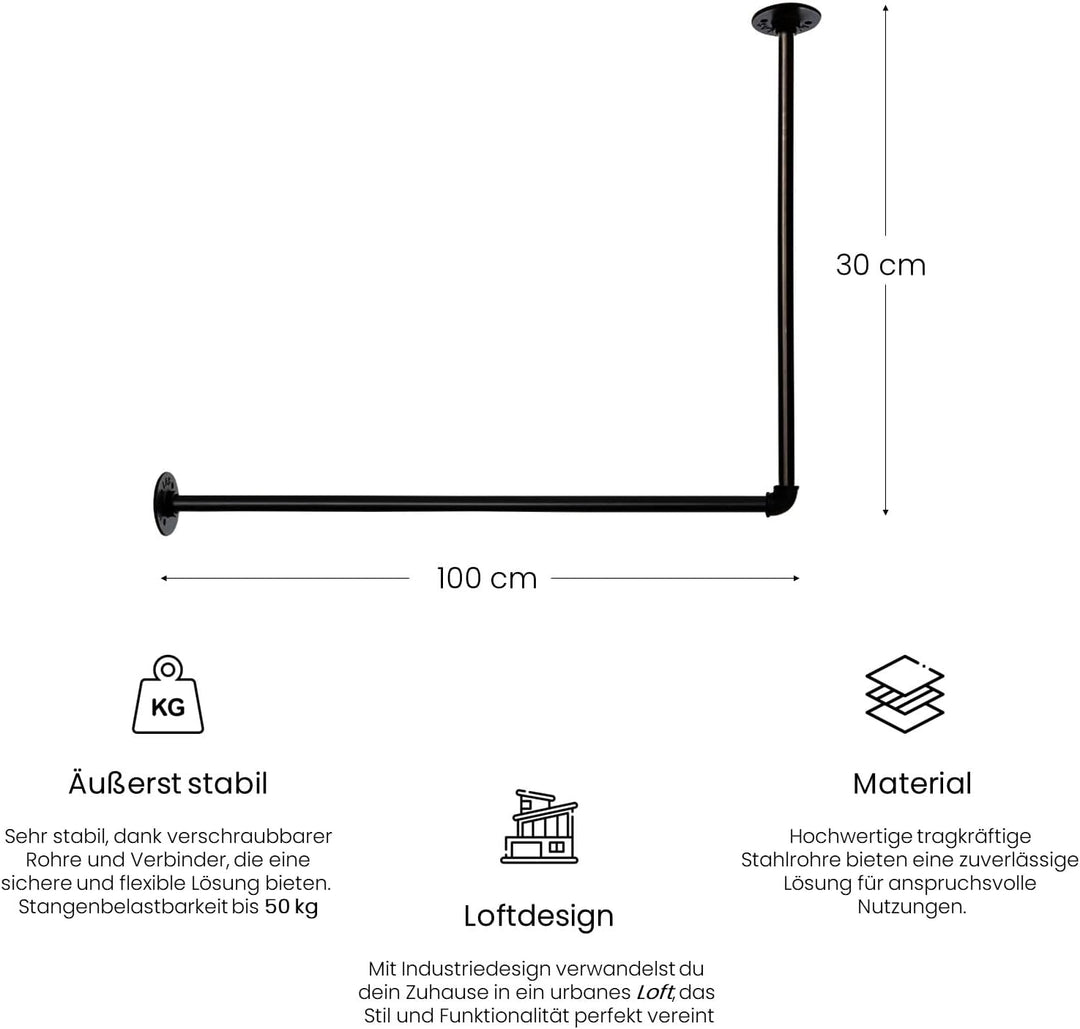 RSR-Hangers® Kleiderstange Garderobe Industrie Design für Ecke Wand Decke L-Form | Breite 100 cm x H