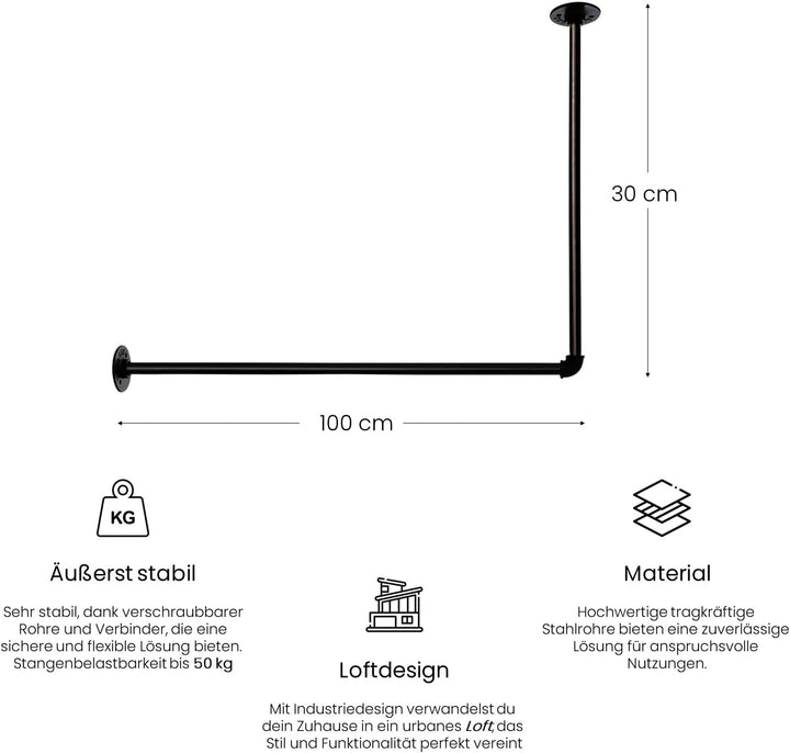 RSR-Hangers® Kleiderstange Garderobe Industrie Design für Ecke Wand Decke L-Form | Breite 100 cm x H
