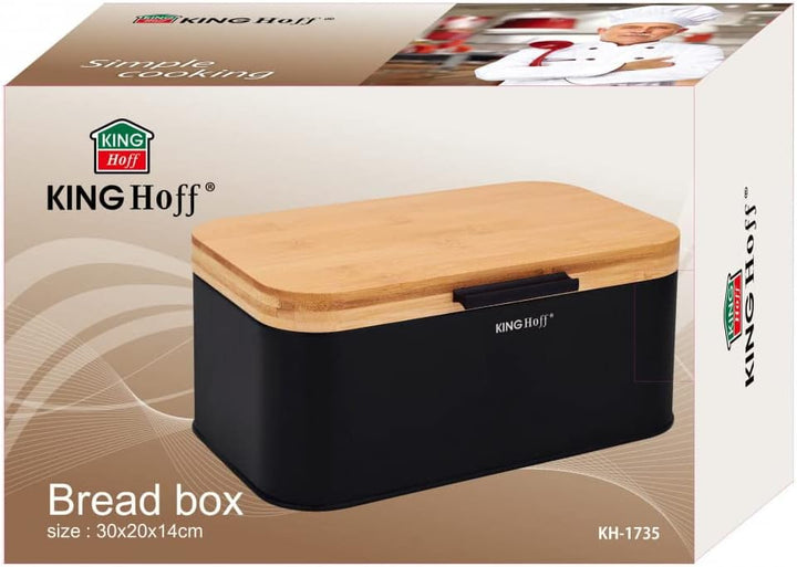 KING HOFF Stahl Brotbox Brotkasten mit Bambusdeckel Schwarz, Schwarz