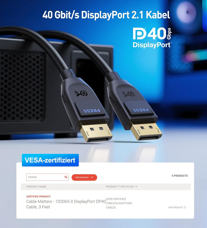 Cable Matters [VESA zertifiziertes] DisplayPort 2.1 Kabel 1m, unterstützt 40Gbps DP40 8K 60Hz, 4K 14