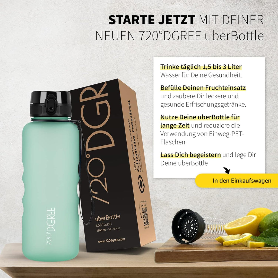 720°DGREE Trinkflasche “uberBottle“ 350ml, 500ml, 650ml, 1l softTouch +Früchtebehälter - Auslaufsich