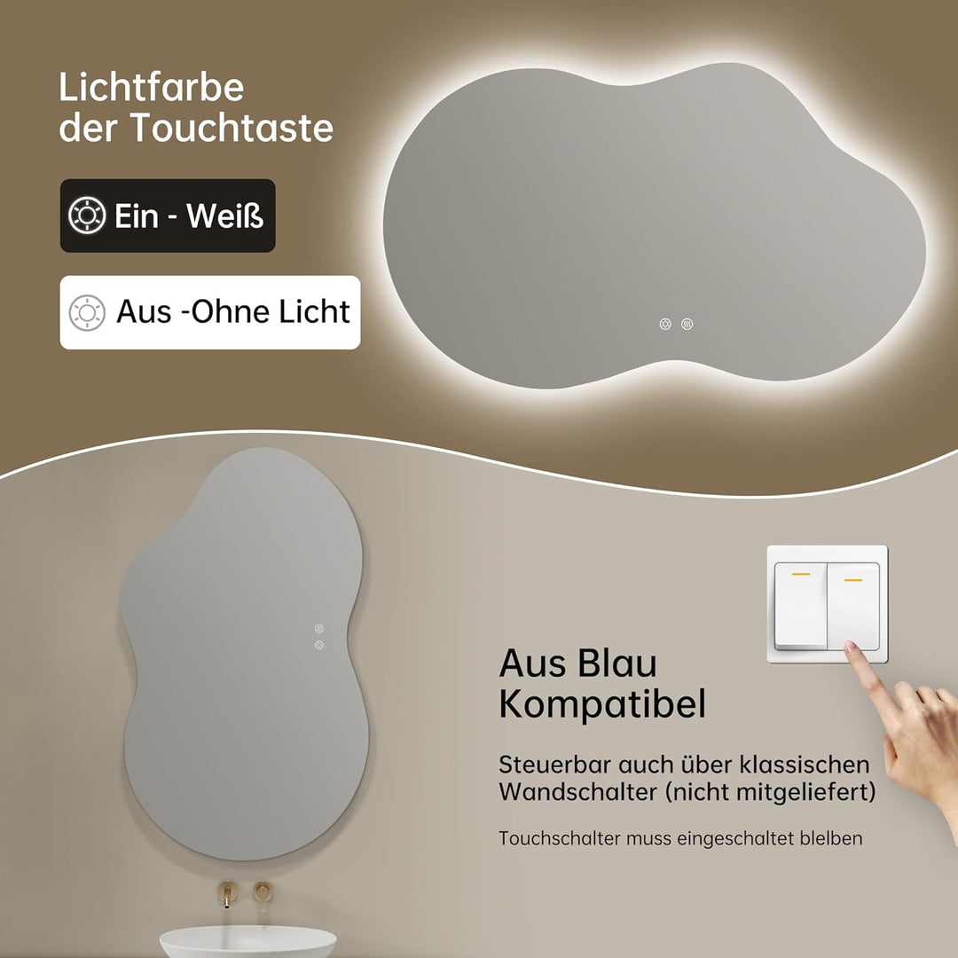 Spiegel mit Beleuchtung Asymmetrischer LED Badspiegel 100 x 60 cm mit Touch-Schalter, Dimmbar 3 Lich