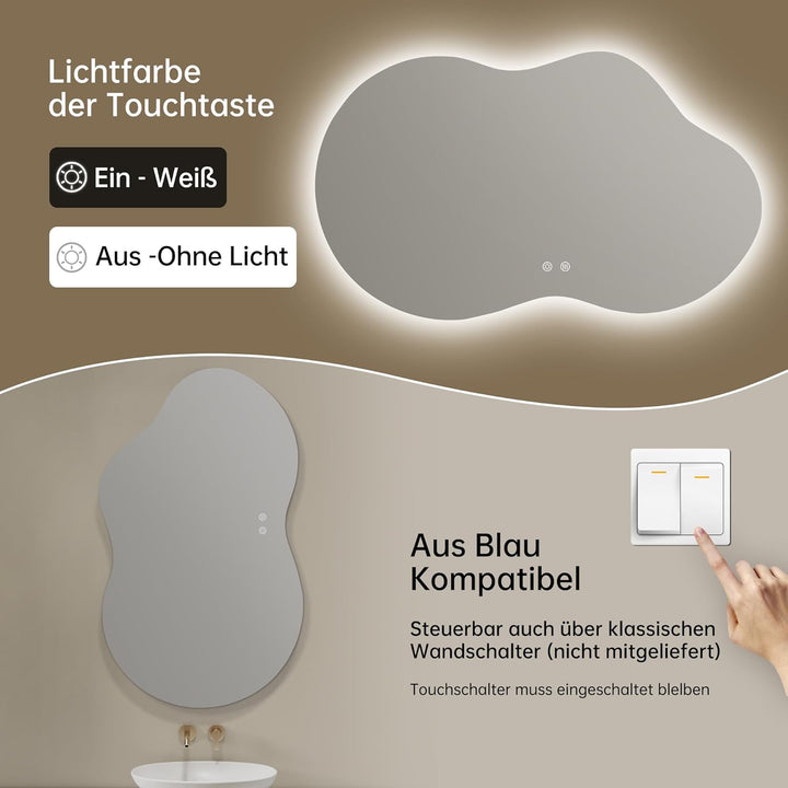 Spiegel mit Beleuchtung Asymmetrischer LED Badspiegel 100 x 60 cm mit Touch-Schalter, Dimmbar 3 Lich