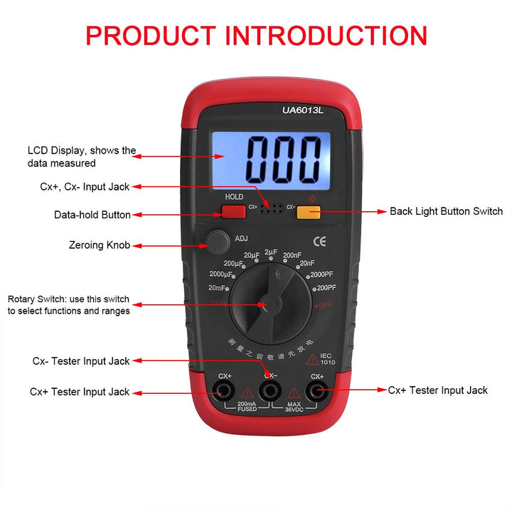 MOKT Kondensator-Meter-Tester, Kondensator-Meter-Tester mit Hintergrundbeleuchtung, für die Digitale