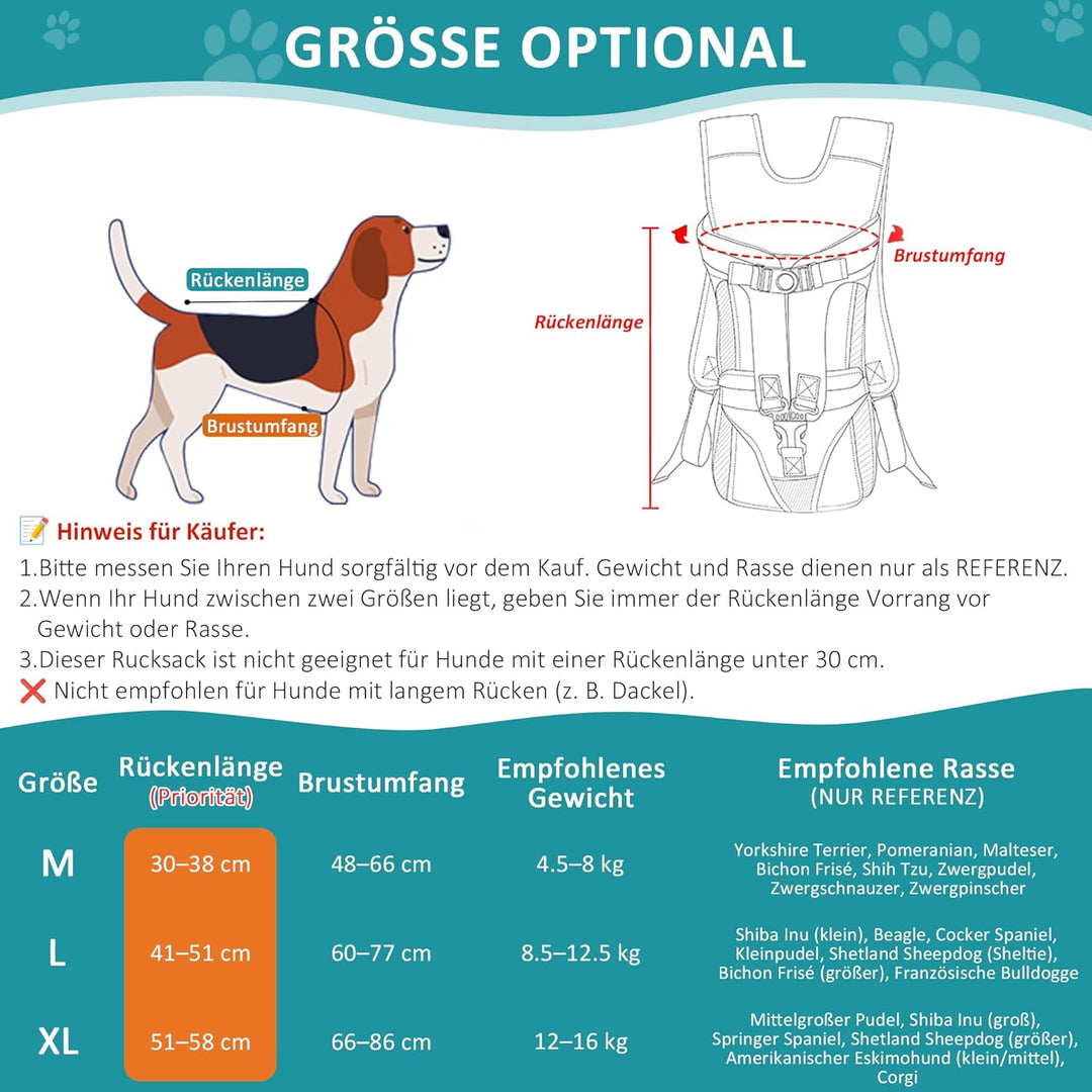 ALLSOPETS Hunderucksack für Mittlere Hunde, Verstellbar und Leicht, Ideal zum Wandern, Radfahren, Re