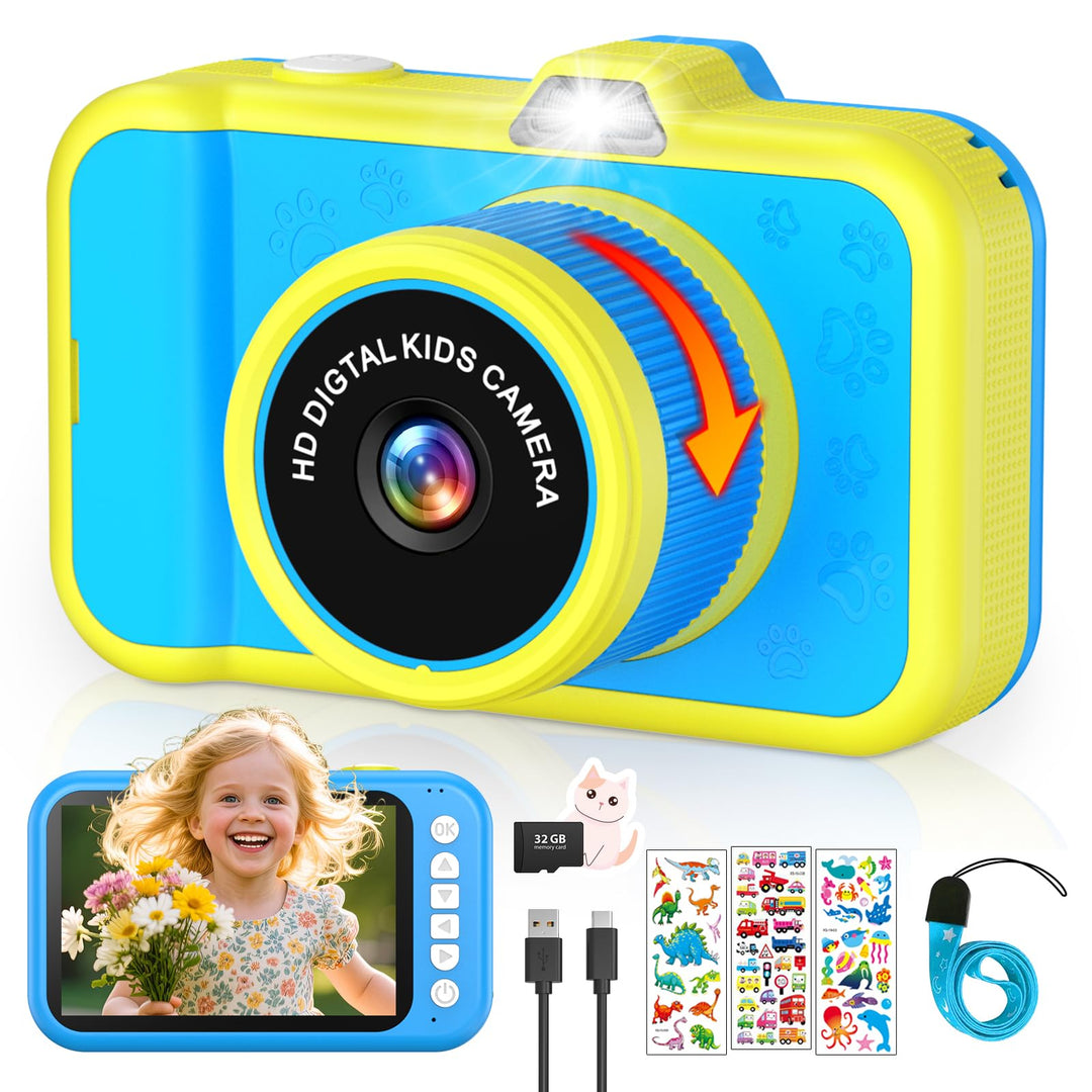 Kinderkamera mit 360°Rotierendes Zoomobjektiv, 3,5" Grosses Display, Kinder Kamera mit Selfies, LED-