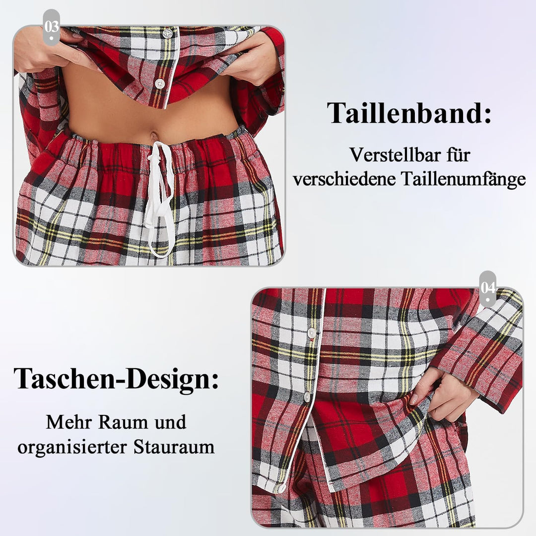Mnemo Home Damen Schlafanzug Lang Flanell Pyjama Damen 100% Baumwolle aus Flanell Rot-weiss und Schw